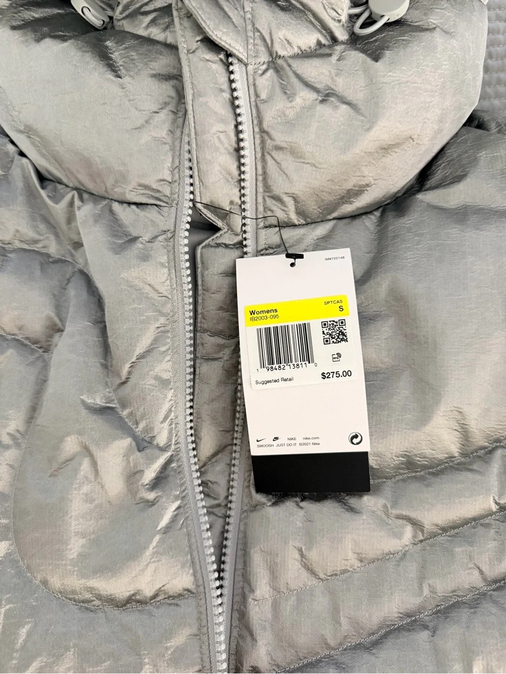 Nike Metallic Silver Hooded Quilted Puffer Jacket